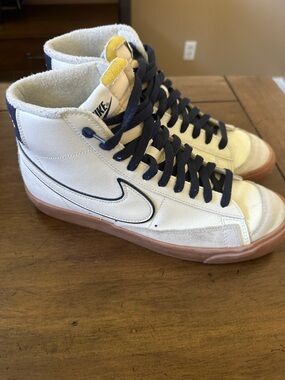 Nike White High-Top Sneakers with Navy Laces and Gum Sole